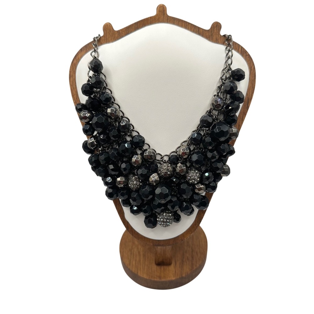 VTG Black Beaded Statement Bib Necklace Gunmetal Rhinestone Cluster Fringe Goth‎